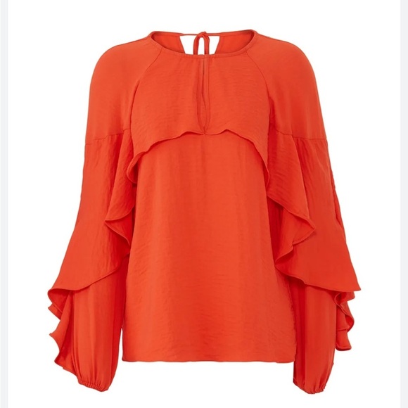 Shilla Exotic Cascade Top Crepe Flowing Ruffle Sleep LS Top in Orange Size Small - Picture 13 of 16